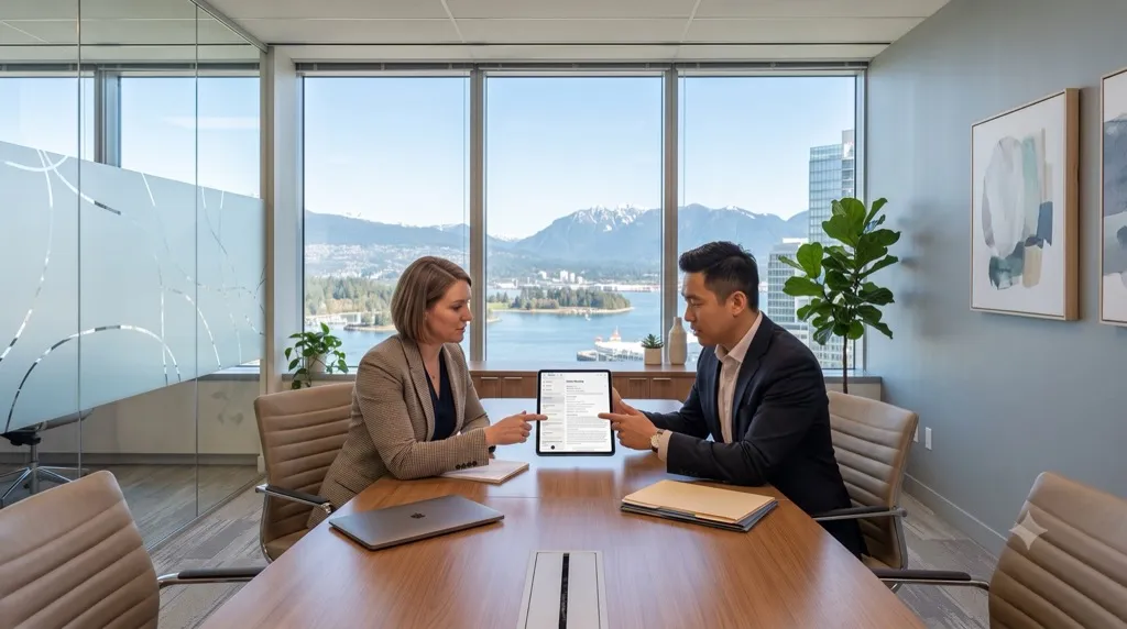 Lawyer and client reviewing a structured draft legal file note on a tablet at a conference room table