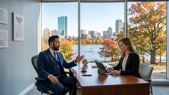 A lawyer in a consultation meeting with a client reviewing an AI-generated draft legal File Note on a tablet in an office with a city view
