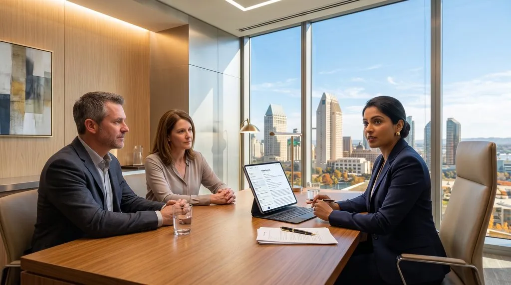 Lawyer discussing client meeting notes with two adults in an office, with a structured File Note displayed on a tablet