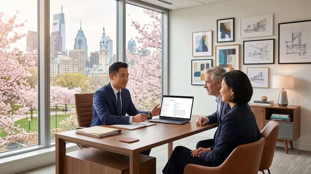 Attorney discussing estate-planning instructions with a couple in a modern law office, with a structured File Note displayed on a laptop